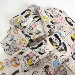 CIAO Japan‎ Mens Button Up Shirt MED Cartoon Faces Cotton Hemp Blend Japanese